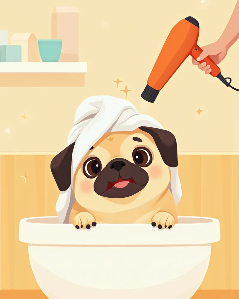 목욕 후 드라이로 주름을 말려주는 퍼그