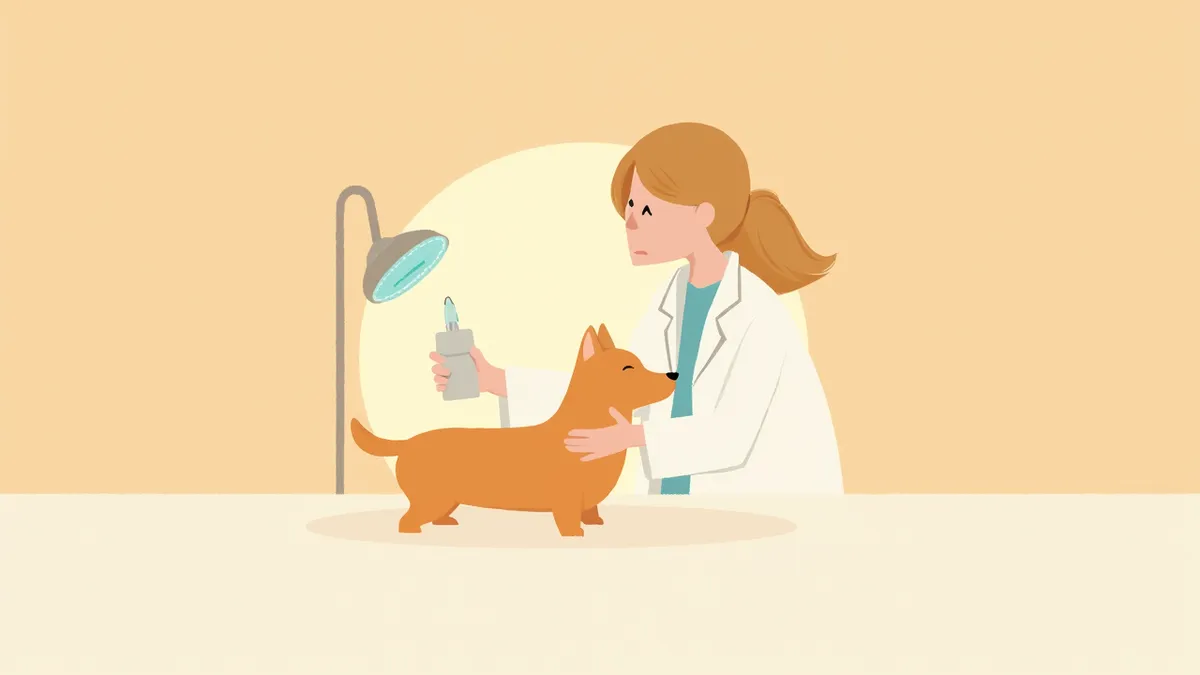 수의사가 강아지 피부를 검사하며 펀치생검 도구를 들고 있는 장면