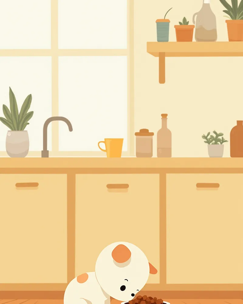 작은 밥그릇에서 사료를 먹는 강아지