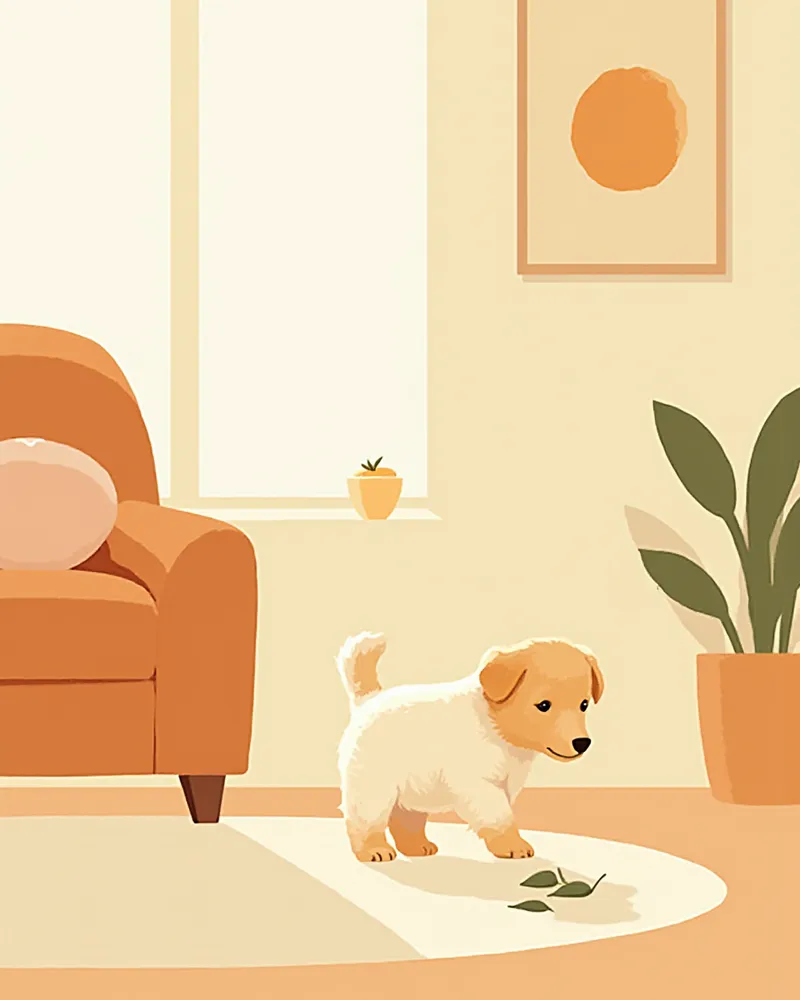 집 안에서 다양한 질감을 탐색하는 어린 강아지