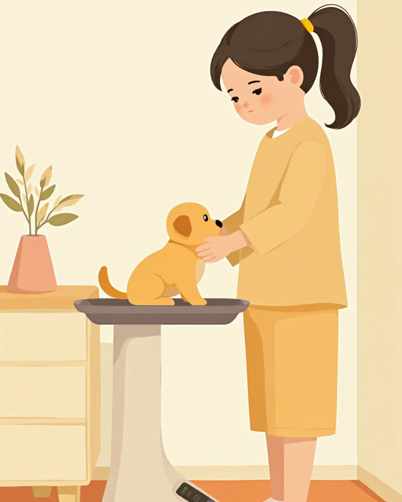 주방 저울로 체중을 재는 어린 강아지