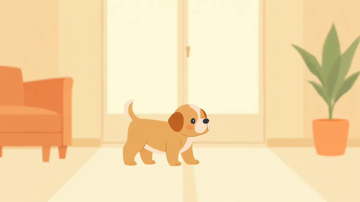 거실에서 호기심 가득한 표정으로 주변을 살피는 4개월 강아지