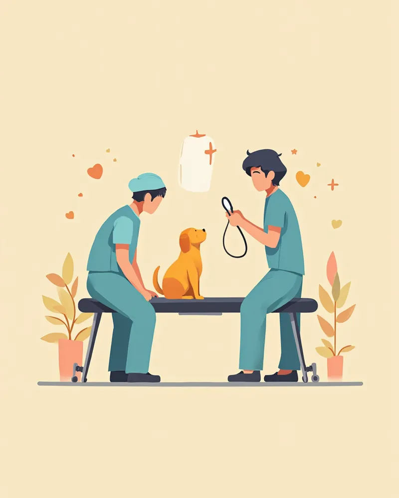 수의사가 진료대 위 강아지를 부드럽게 진찰하는 모습