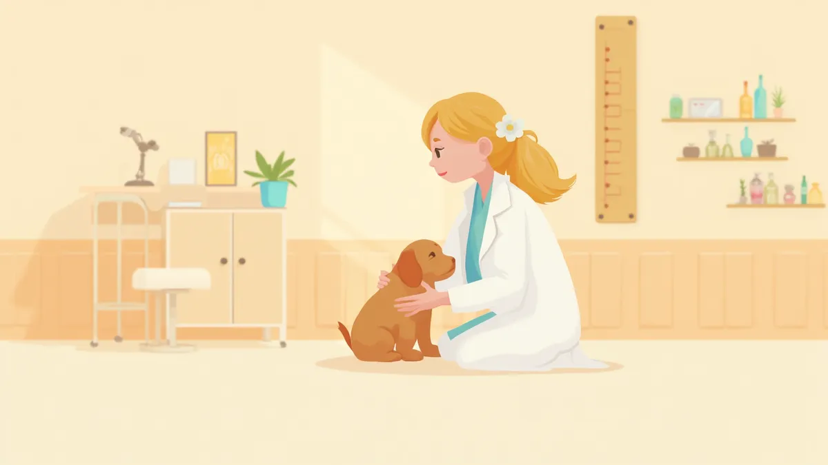 수의사가 작은 퍼피를 검진하고 있는 모습