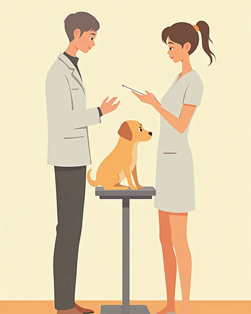 수의사와 보호자가 청소년기 강아지의 체중을 함께 확인하는 모습