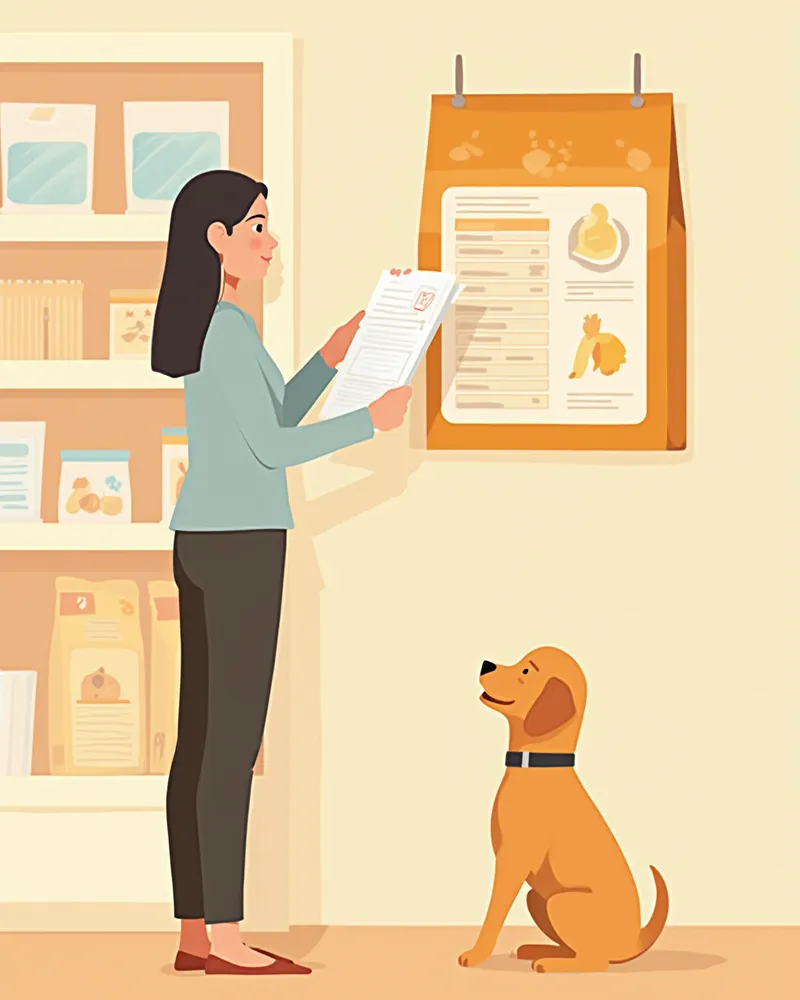 퍼피 사료 포장지의 성분표를 확인하는 보호자