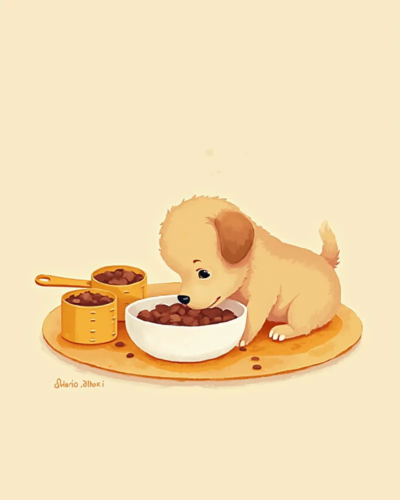 계량컵 옆에서 사료를 먹는 퍼피 일러스트