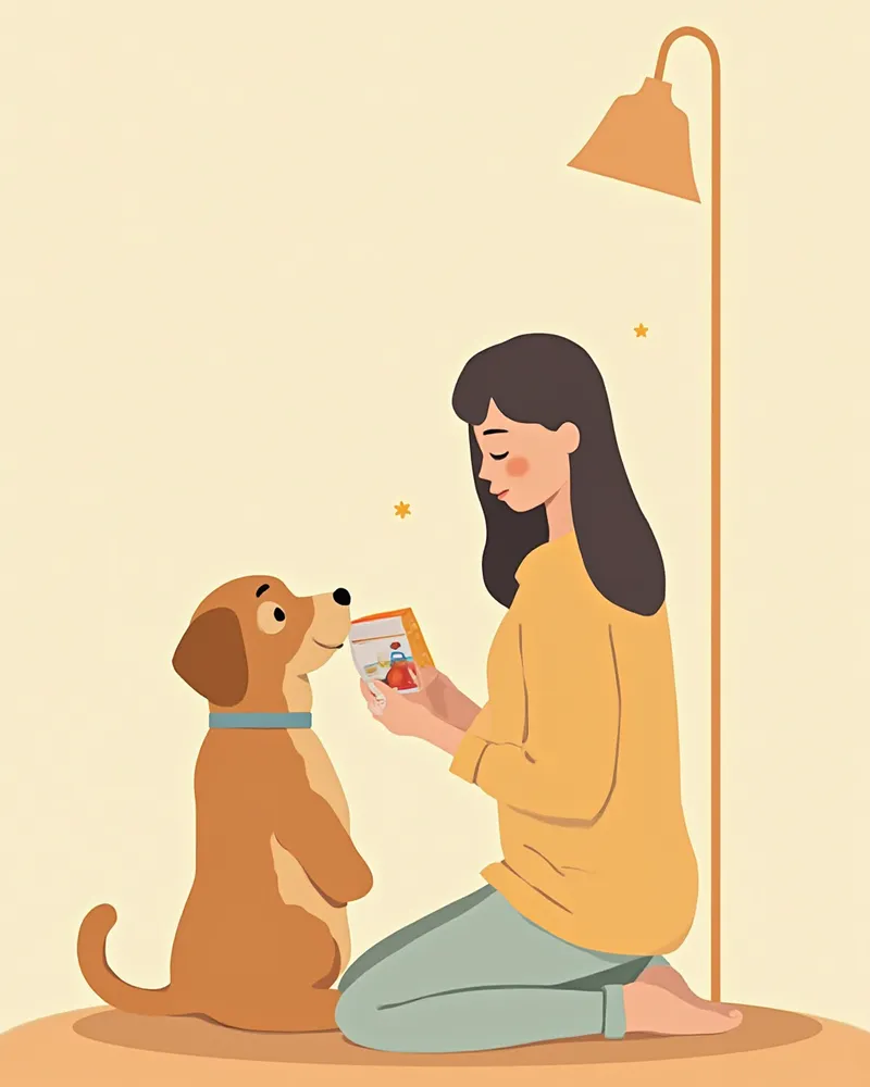 보호자가 퍼피 유산균 라벨을 확인하는 모습