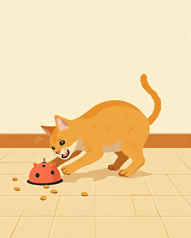 공 모양 퍼즐피더를 굴리며 노는 고양이