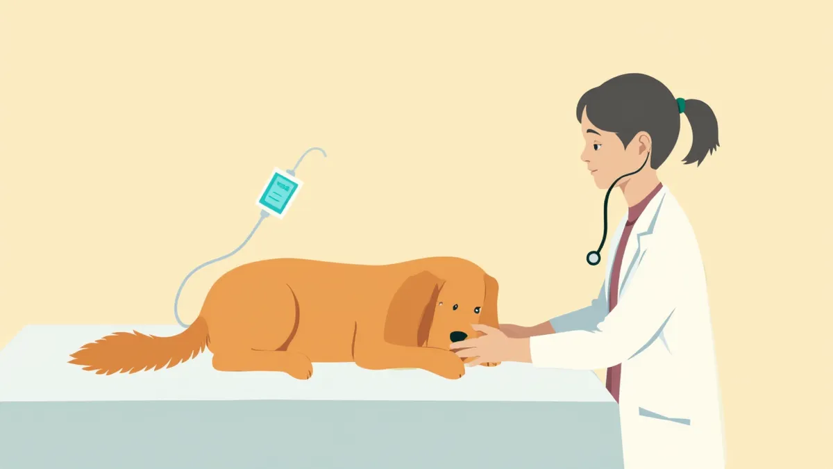 수술 전 진찰을 받고 있는 강아지