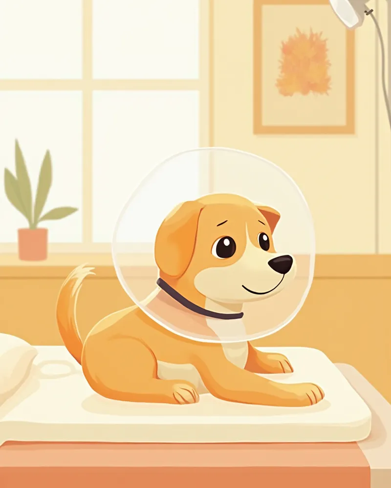 수술 후 넥카라를 착용하고 회복 중인 강아지