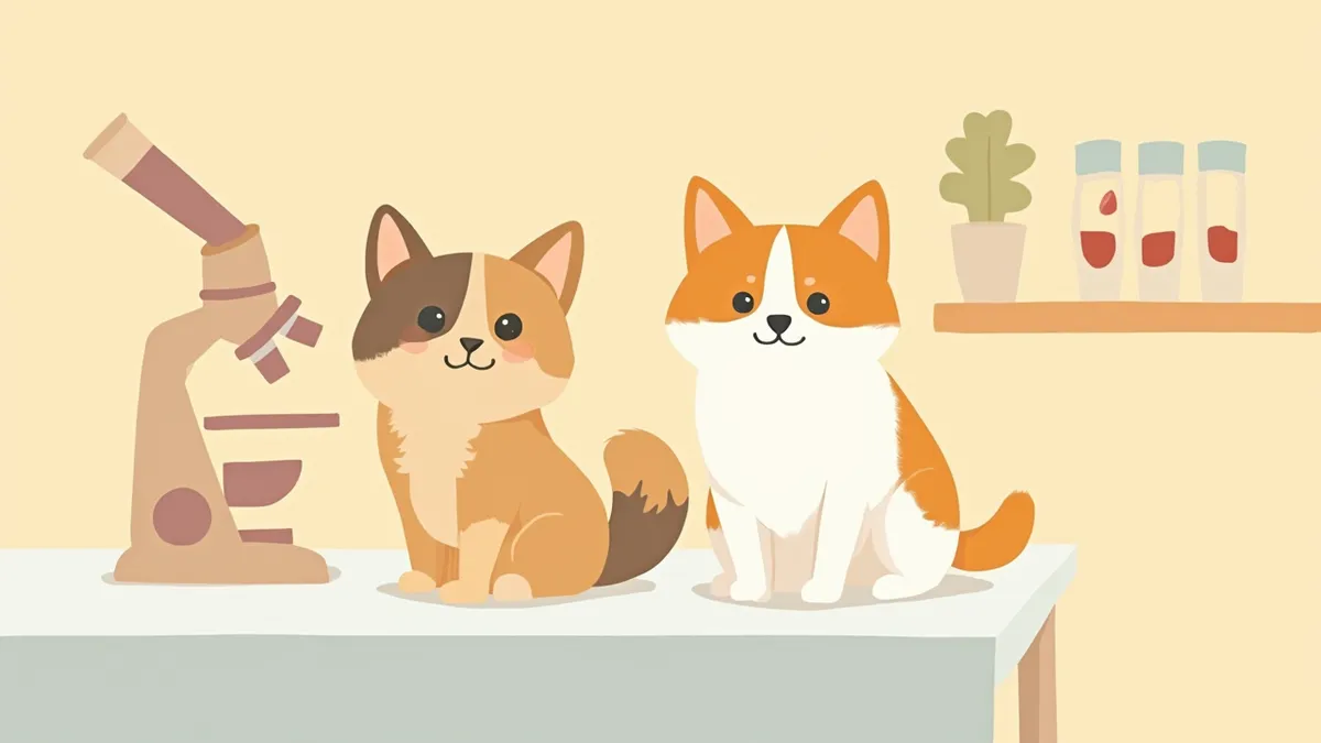 진료대 위에 앉은 강아지와 고양이, 뒤에는 현미경과 혈액 검사 튜브