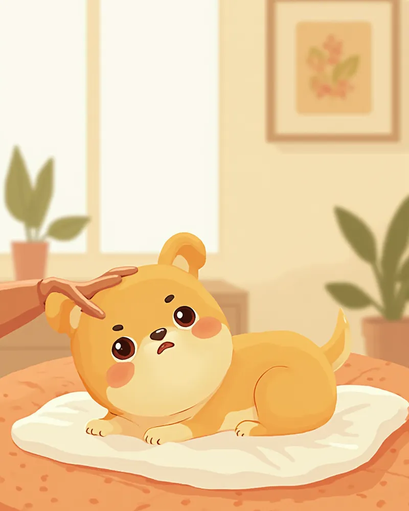 담요 위에 힘없이 누워있는 강아지와 이마를 만져보는 보호자 손