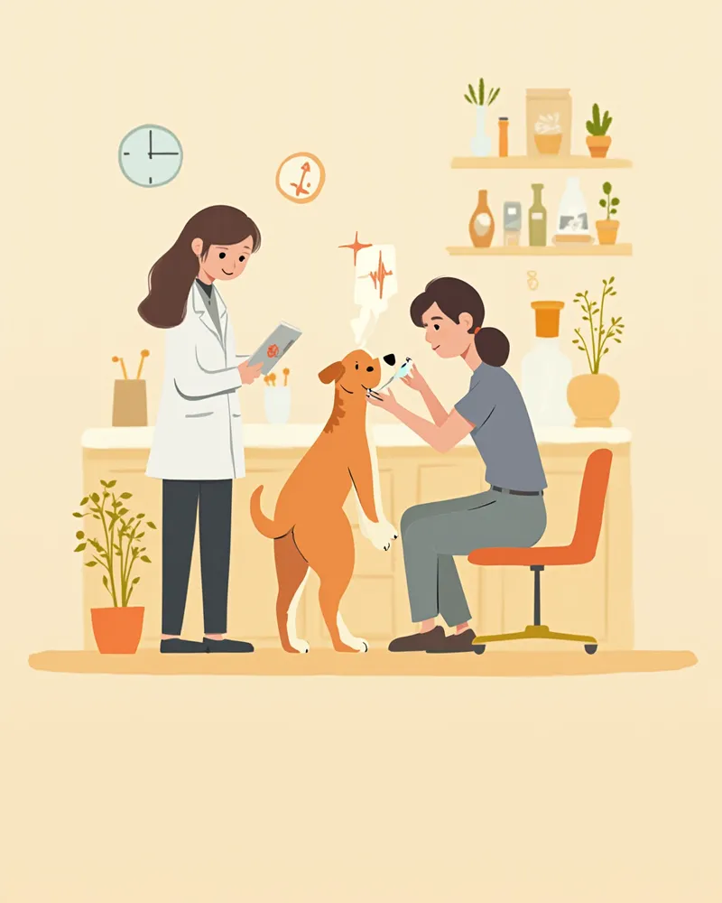 수의사가 강아지에게 먹는 약을 투약하고 보호자가 아이를 안아 주는 모습