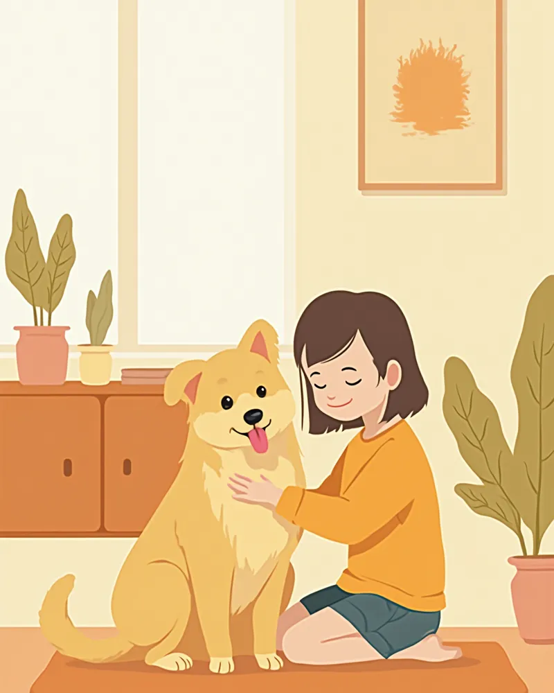 거실에서 보호자가 노령 강아지를 다정하게 쓰다듬는 모습