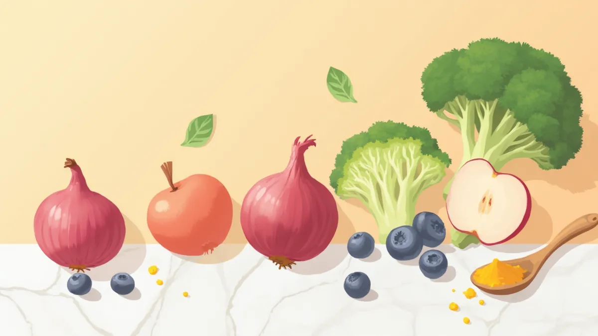 케르세틴이 풍부한 양파·사과·베리류가 놓인 이미지