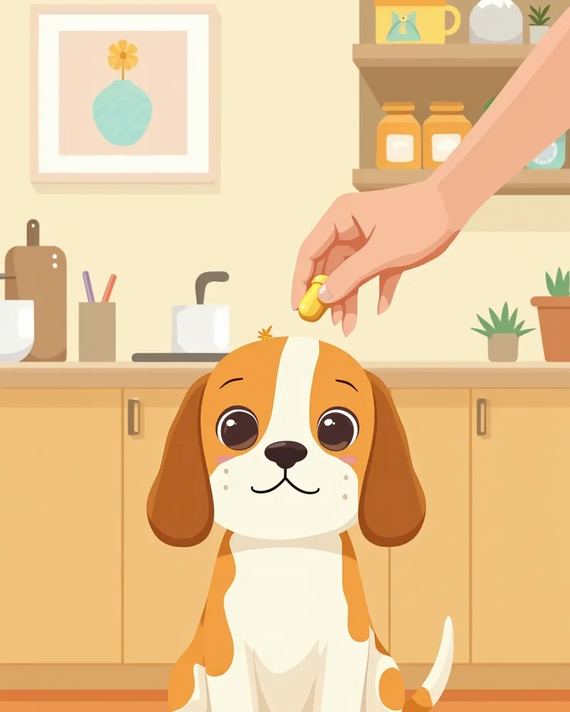 강아지에게 영양제를 조심스럽게 먹이는 보호자 이미지