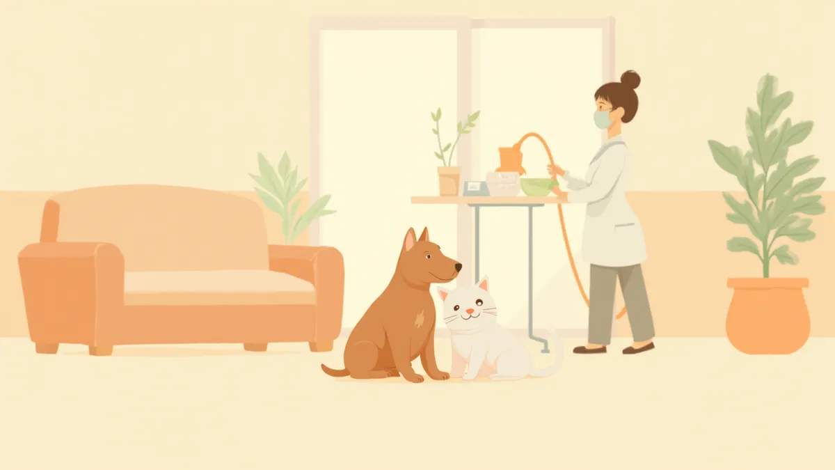 동물병원에서 예방접종을 기다리는 강아지와 고양이 일러스트