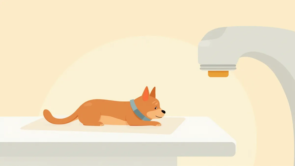 방사선치료를 준비하는 수의사와 치료대에 누워있는 강아지