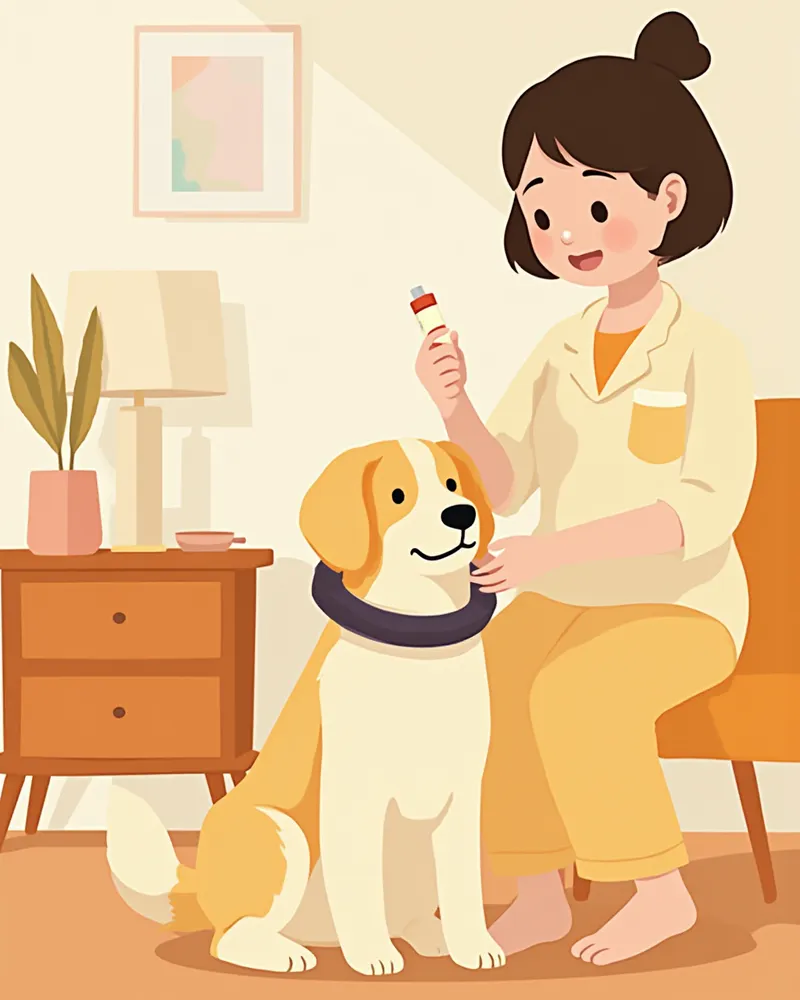 넥카라를 착용한 강아지 치료 부위에 연고를 발라주는 보호자