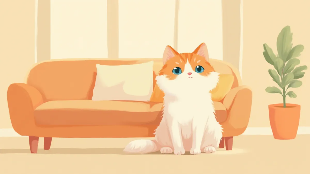 푹신한 털을 가진 래거머핀 고양이가 소파에 앉아 있는 모습