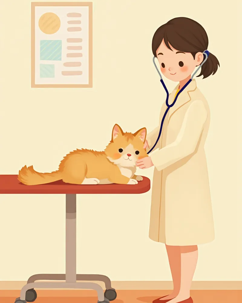 수의사가 랙돌 고양이의 심장 소리를 청진기로 확인하는 모습