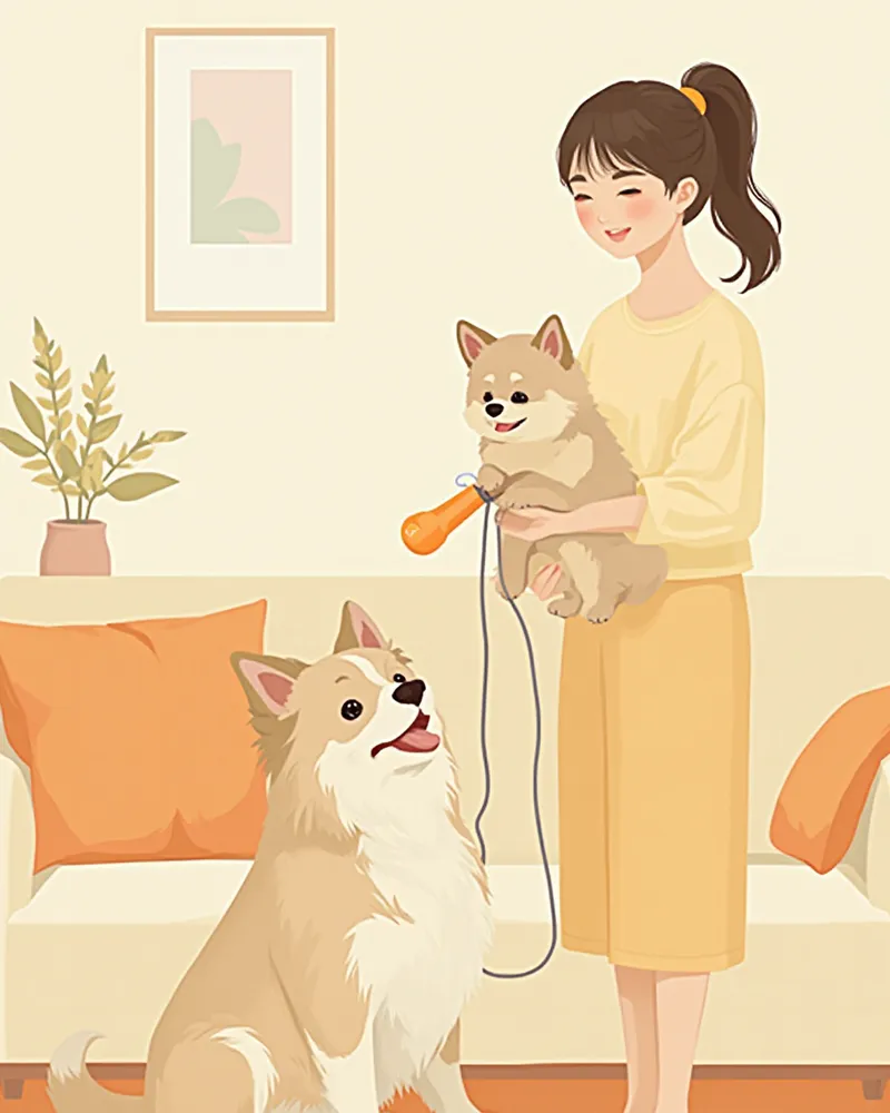 보호자가 강아지에게 드라이어로 털을 말리는 일러스트