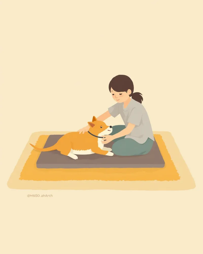 재활 치료사가 강아지 다리를 조심스럽게 받쳐주는 모습