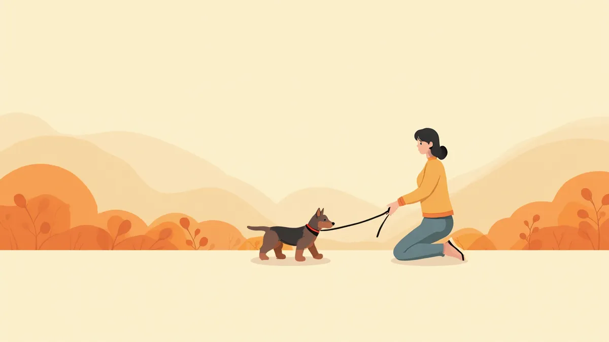 산책 중 자극을 감지한 리액티브 강아지를 보호자가 차분히 달래는 모습