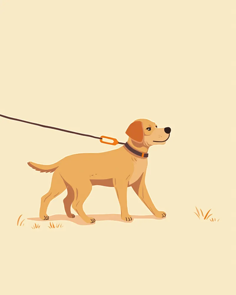 리드줄에서 자극을 응시하며 몸이 굳은 강아지의 경계 자세