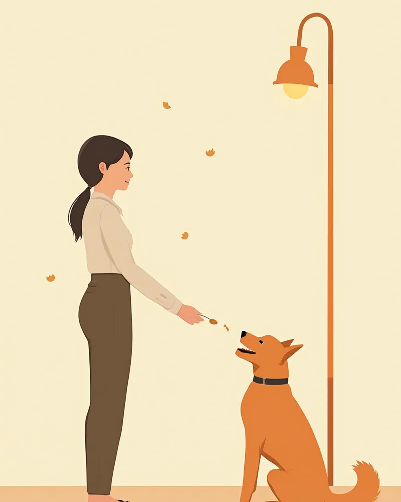 안전 거리에서 간식으로 역조건화 훈련을 하는 보호자와 강아지