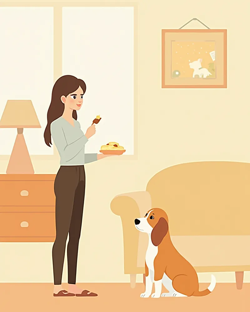 실내에서 호출훈련 중인 비글과 보호자