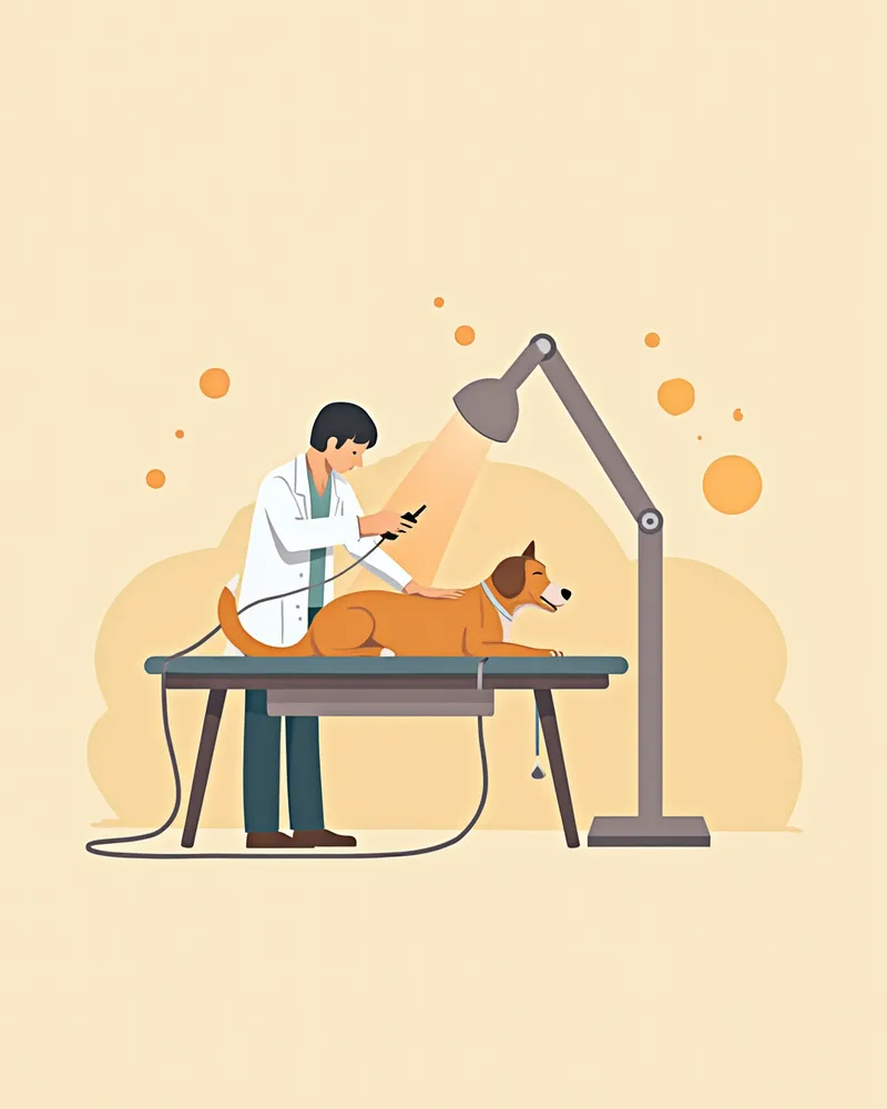 반려견 관절 부위에 레이저 치료를 적용하는 수의사