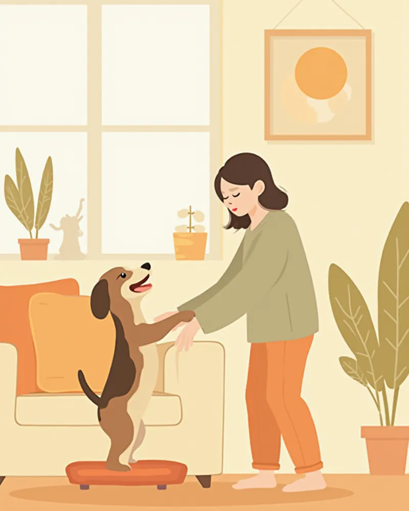 균형 쿠션 위에서 재활 운동 중인 반려견과 보호자