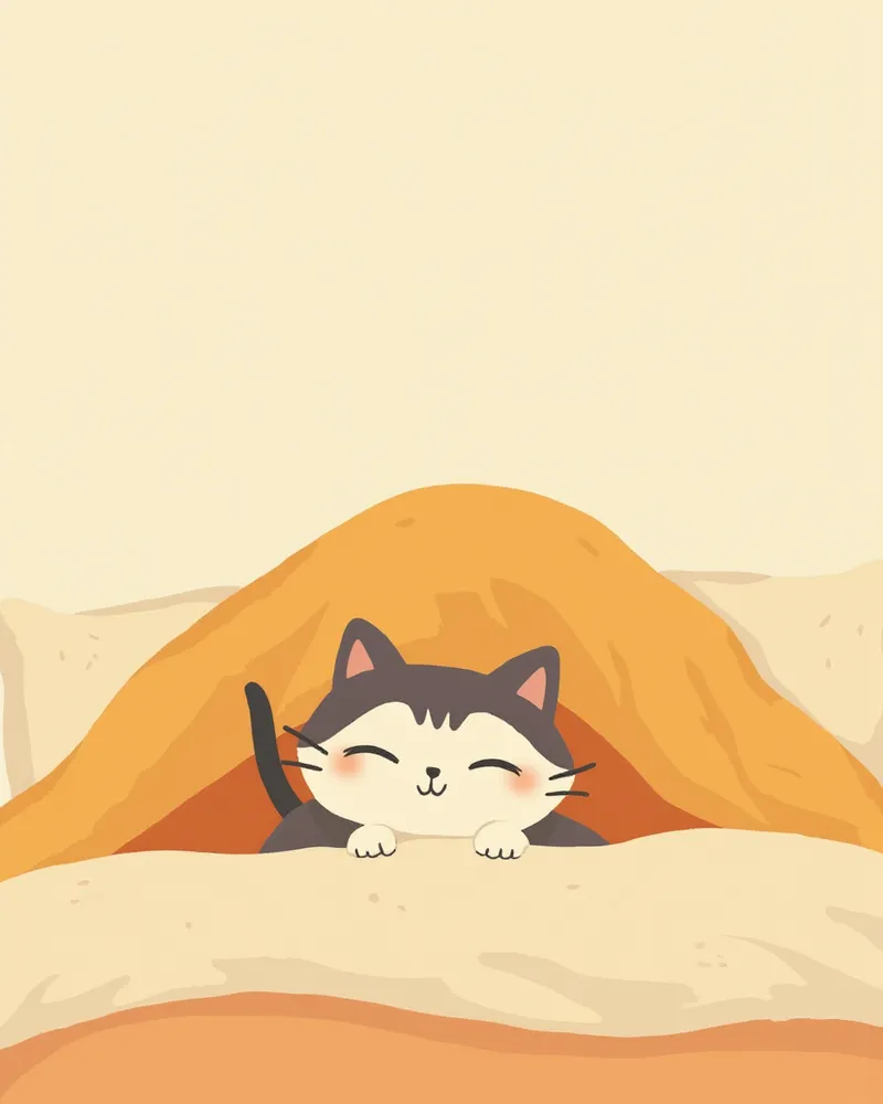 이불 아래 숨어서 조심스럽게 밖을 살피는 입양 초기 고양이