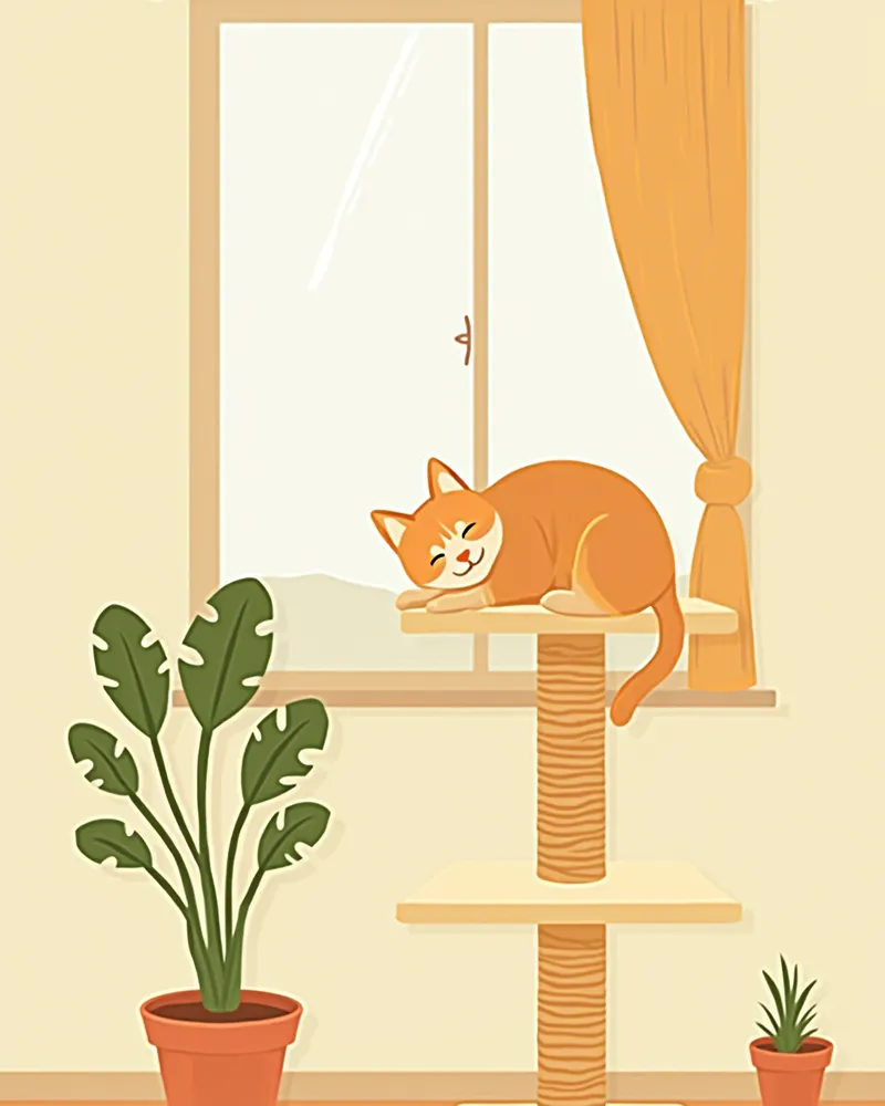 창가 캣타워 위에서 편안하게 쉬고 있는 고양이