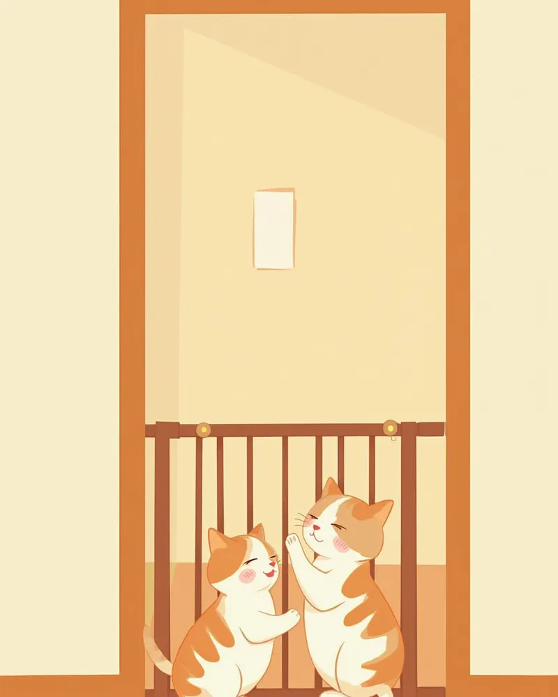 안전문을 사이에 두고 조심스럽게 만나는 두 고양이