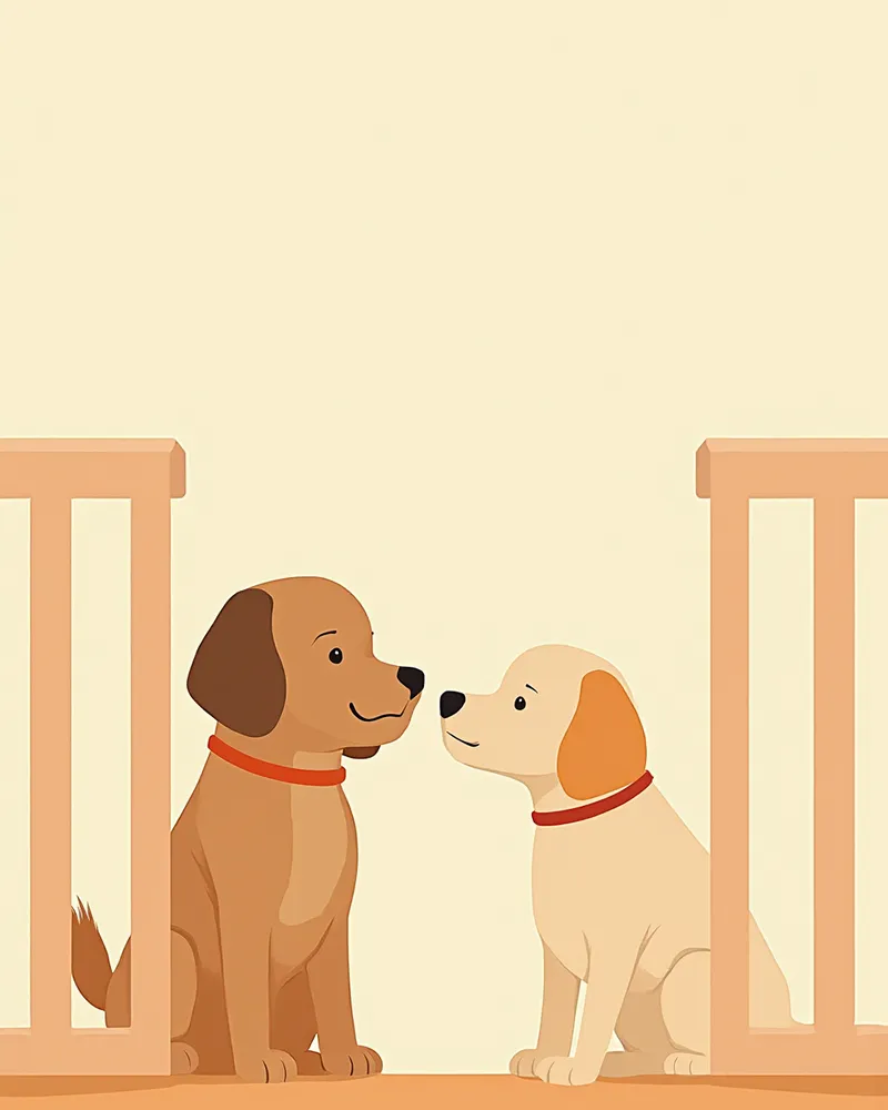 안전문을 사이에 두고 조심스럽게 만나는 두 강아지