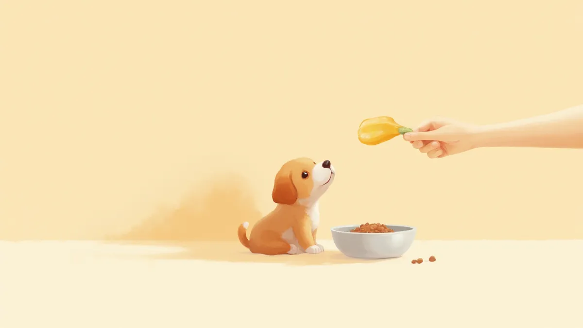 사료 그릇 옆에서 보호자 손을 바라보는 강아지