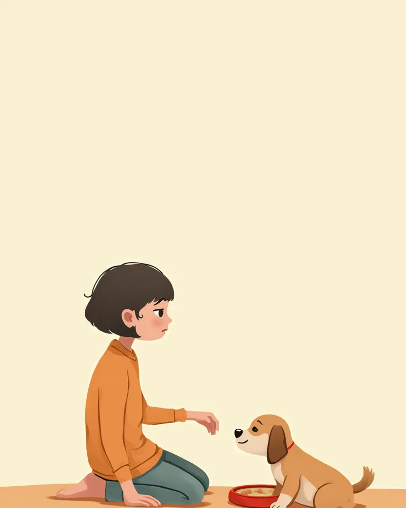 거리를 두고 강아지에게 간식을 건네는 보호자