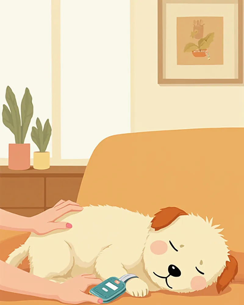 호흡 정지 회복 후 집에서 산소포화도를 관찰하며 쉬는 반려견