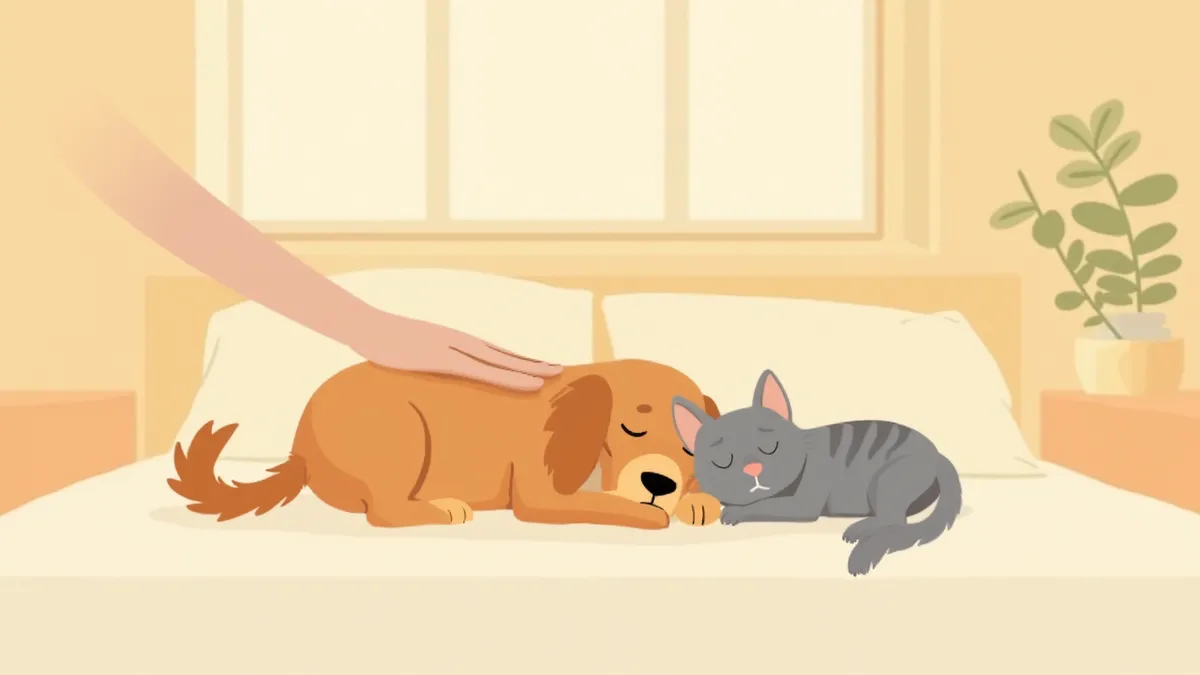 편안히 쉬는 강아지와 고양이의 가슴에 손을 대고 호흡수를 측정하는 모습