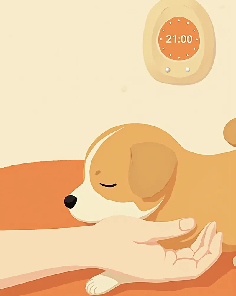 잠든 강아지 가슴에 손을 얹고 스마트폰 타이머로 호흡수를 측정하는 모습