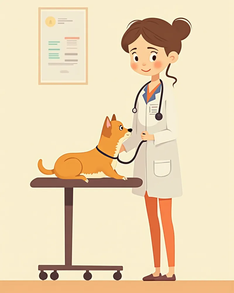 수의사가 강아지 가슴에 청진기를 대고 호흡을 확인하는 진료 장면