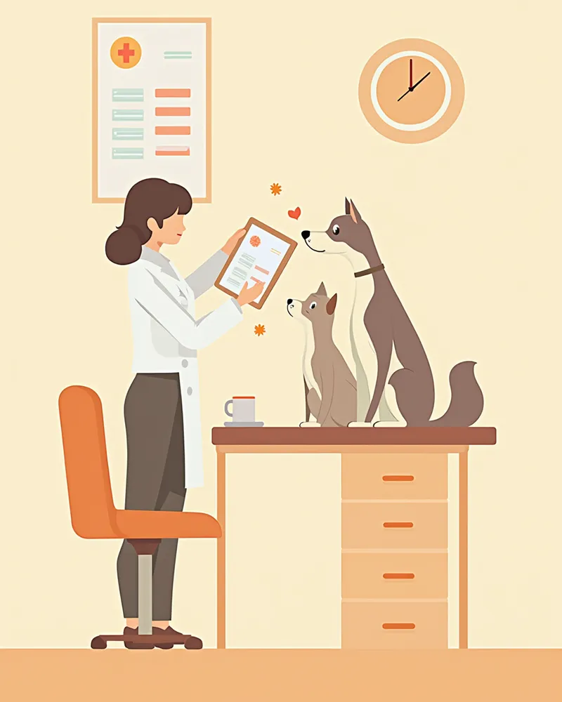 혈액 검사 결과를 확인하는 수의사와 반려동물 이미지