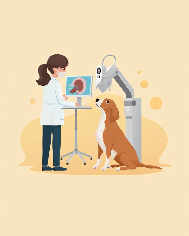 수의사가 비강 내시경 모니터를 보며 강아지를 검사하는 모습