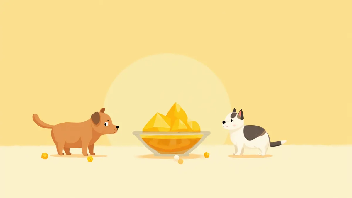 리보플라빈 노란 결정과 강아지·고양이가 함께 있는 일러스트