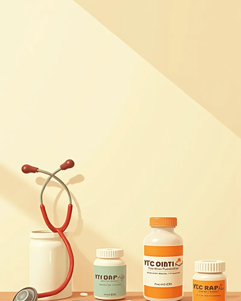 반려동물 영양제 병과 수의사 청진기가 놓인 모습 일러스트