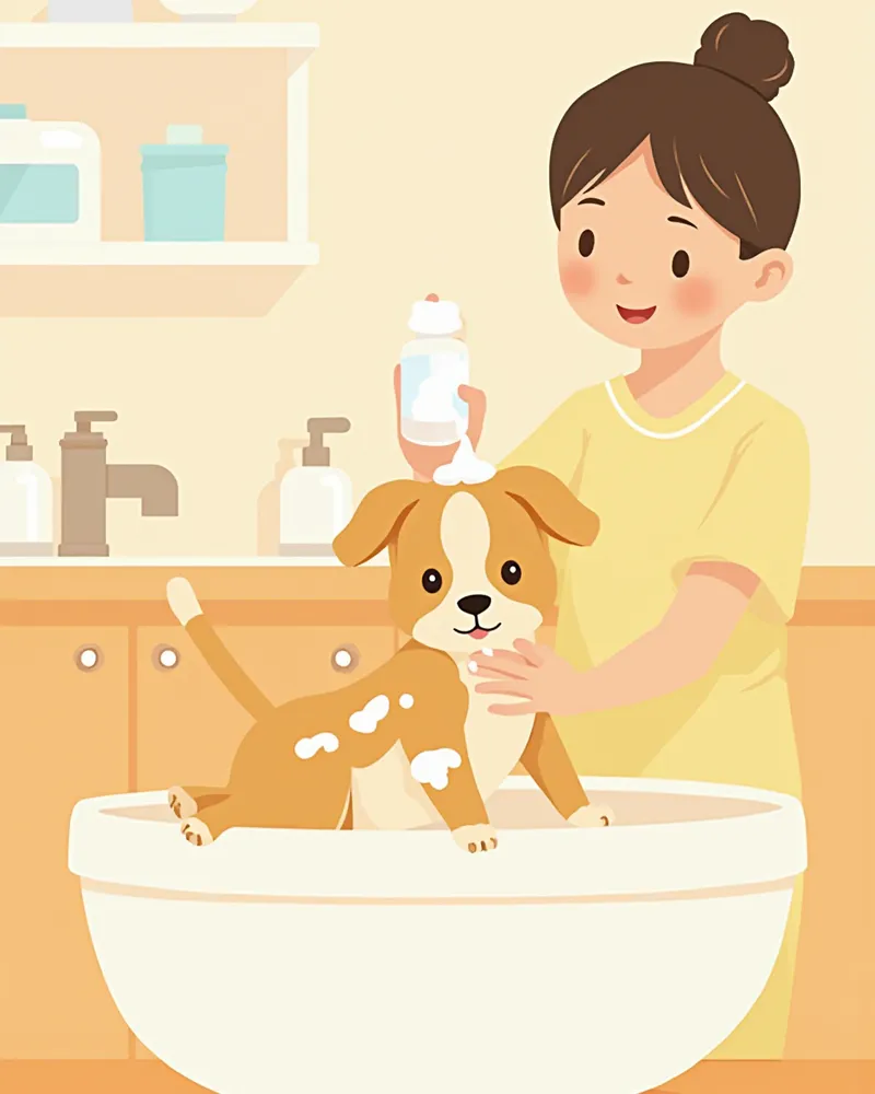 보호자가 강아지를 약용 샴푸로 목욕시키는 일러스트