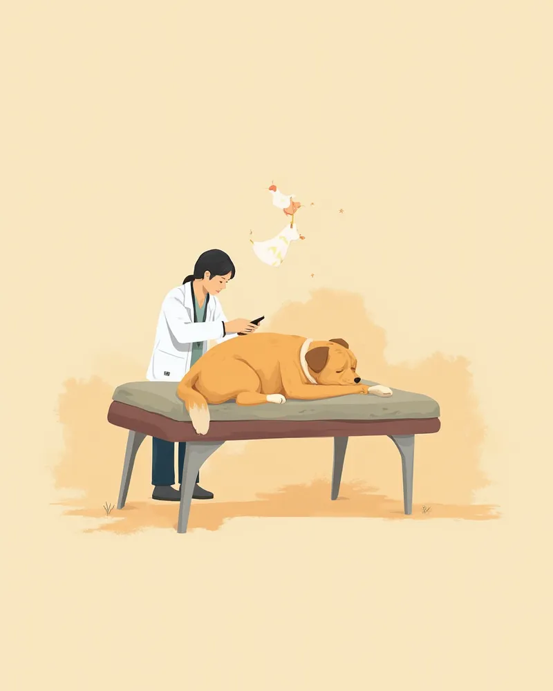 수의사가 기력 없는 강아지를 부드럽게 진찰하는 모습